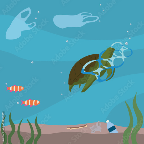 vector of fish and a turtle swimming in the ocean with six pack rings tangled around its neck and lots of garbage floating around like plastic, bottles and bags
