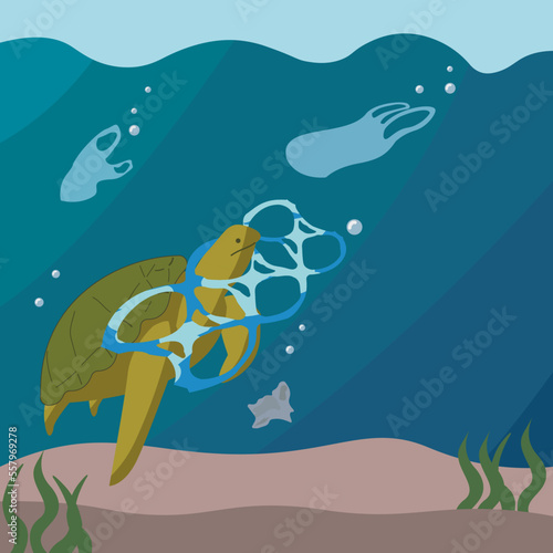 Vector of turtle swimming in the ocean with six pack rings wrapped around its neck and lots of garbage floating around it