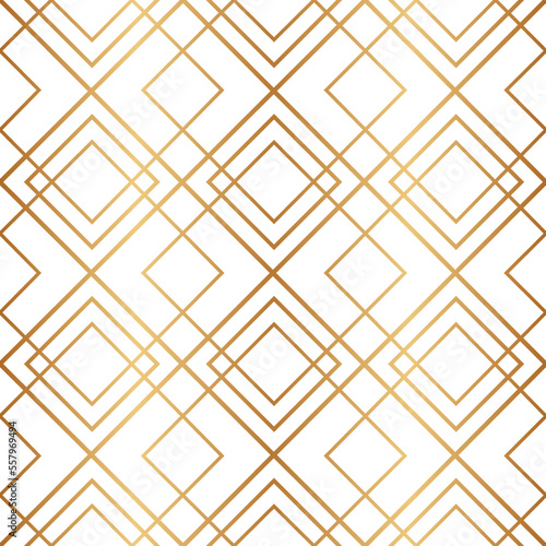 Gold geometric seamless pattern. Repeating fancy background. Abstract golden lattice for design prints. Repeated art deco texture. Elegant diamond shapes. Repeat luxury line. Vector illustration