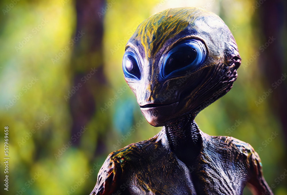 closeup of extraterrestrial alien with black eyes small lips and very  detailed wet brown green skin looking to side in forest as background,  generative AI Stock Illustration | Adobe Stock