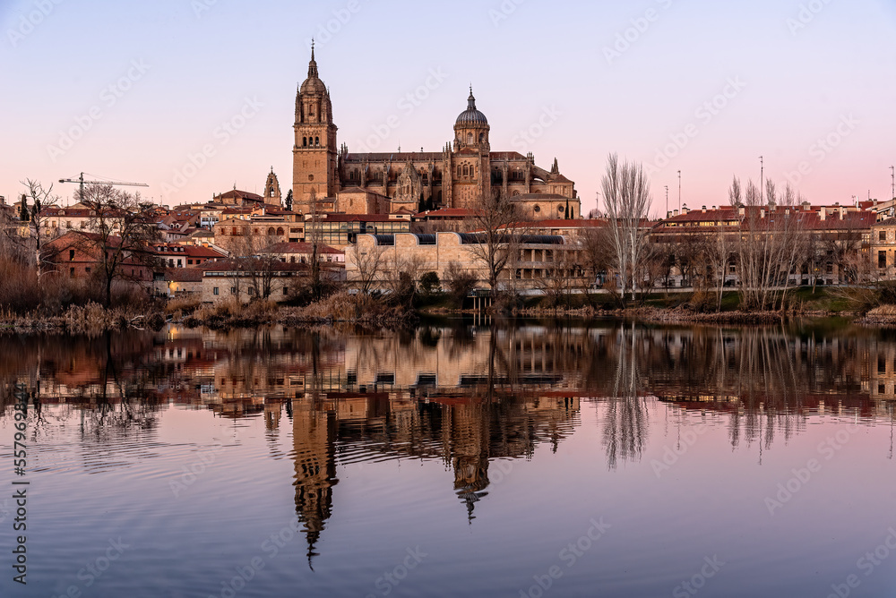 Scenic urban landscape of the city of Salamanca at sunset with the cathedral reflected in the Tormes river. Castilla Leon, Spain