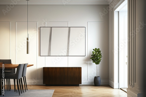 View from the corner of a large dining room with a sideboard and an empty horizontal canvas in the background. Also visible are an indoor column, a beige wall, and a parquet floor. concept for contemp