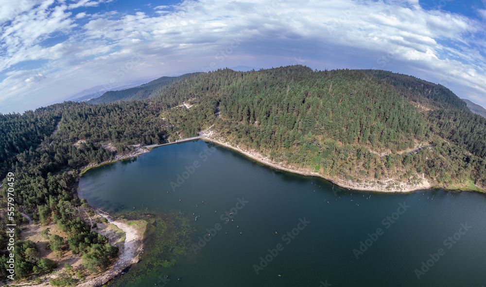 Panoramic view of the Iturbide Dam in the middle of the forest on a sunny day in the State of Mexico, Mexico
