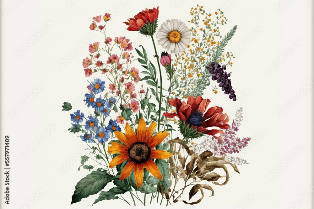 Illustration of isolated wild flowers in vintage style, created with generative ai technology
