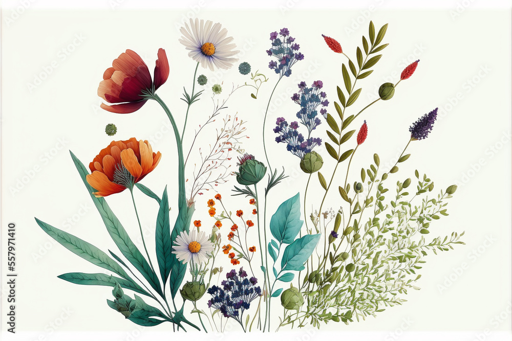 Illustration of isolated wild flowers in vintage style, created with generative ai technology