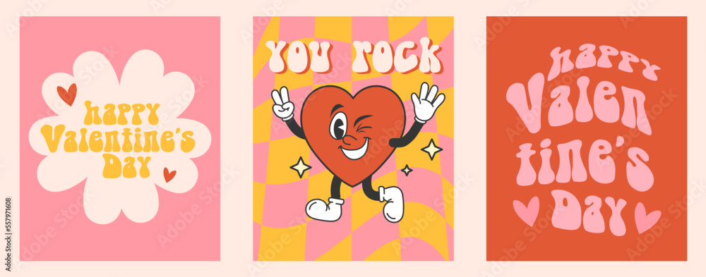 Groovy hippie Valentine's day greeting card set. Hand drawn vintage style cards with heart and typography design. Trendy retro cartoon style design templates for party, poster. Vector illustration. Groovy hippie Valentine's day greeting card set. Hand drawn vintage style cards with heart and typography design. Trendy retro cartoon style design templates for party, poster. Vector illustration.
