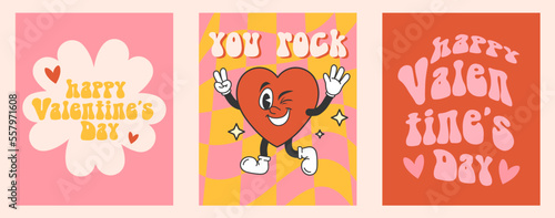 Groovy hippie Valentine's day greeting card set. Hand drawn vintage style cards with heart and typography design. Trendy retro cartoon style design templates for party, poster. Vector illustration.   photo