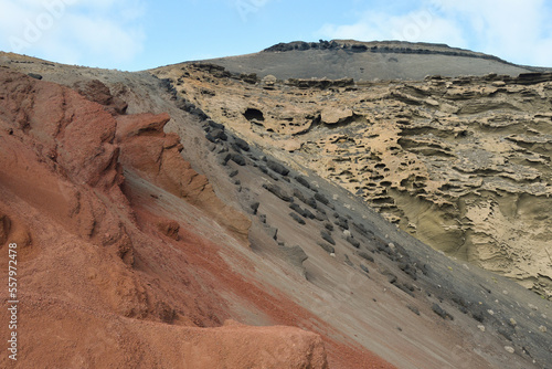 Solidified lava of different colors in the Charco Verde in the Gulf, Lanzarote