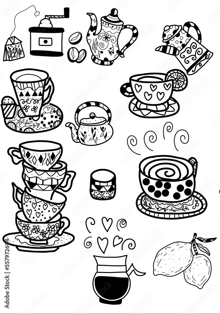 this set is a tea and coffee lover's paradise. There are different cups, saucers, a brewer, grinder, lemons, and coffee beans in it. all items are drawn with thin black lines on a white background