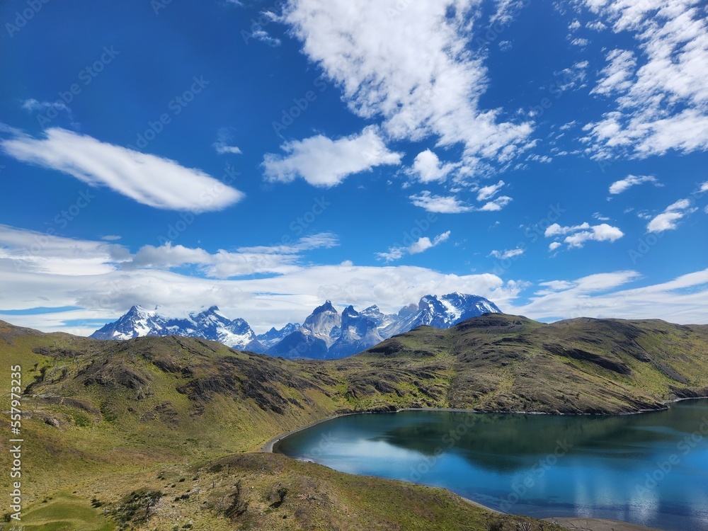 View of mountains over Laguna Honda on the Lazo Weber trail, Torres del Paine, Chile