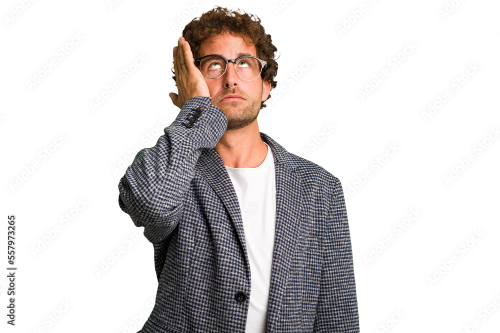 Young curly smart caucasian man cut out isolated tired and very sleepy keeping hand on head. Young curly smart caucasian man cut out isolated tired and very sleepy keeping hand on head.