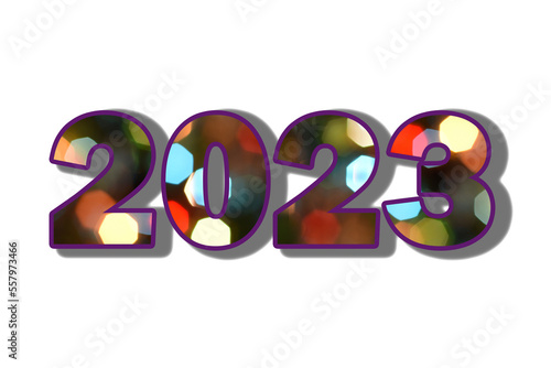 Volumetric figures "2023" with multi-colored lights inside the letters without a background.
