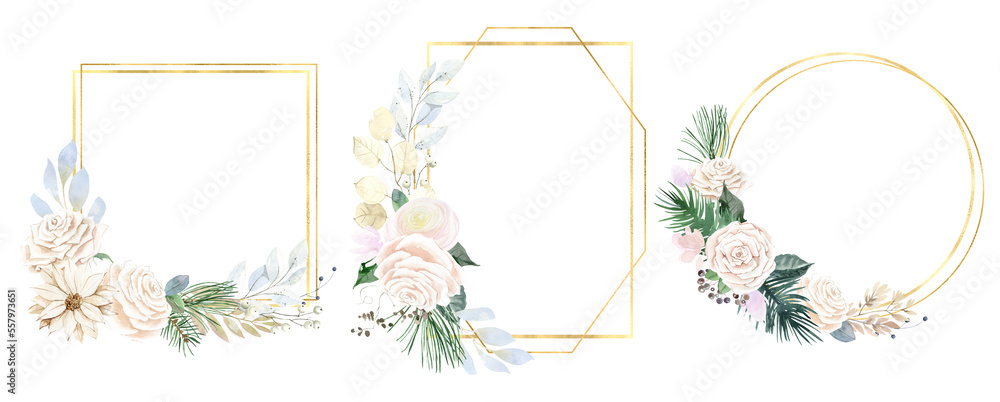 Hand drawn watercolor wreaths and frames of white roses and foliage. Peach roses with golden geometric frames. Festive decoration for invitations and cards. Save the date, wedding wreaths.