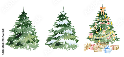 Hand drawn watercolor Christmas trees with toys, garlands and snowflakes. Holiday cards, forest trees, evergreens. Festive mood. For cards, posters, invitations, scrapbooking