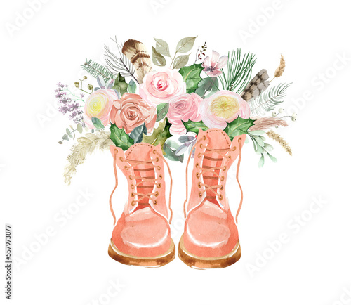 Εκτύπωση καμβά Watercolor compositions of flowers and shoes