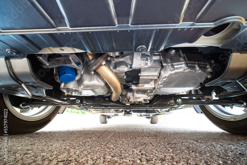 Obraz na plátně Car bottom view, part of catalytic converter in automobile exhaust system