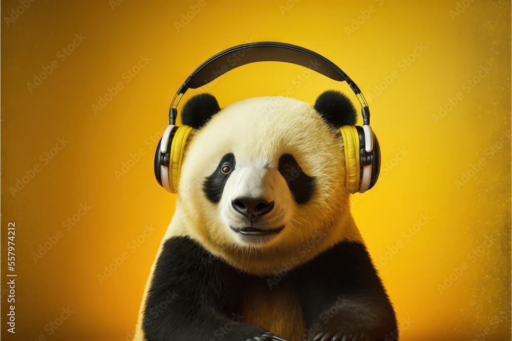 a panda bear wearing headphones and listening to music on a yellow and  orange background with