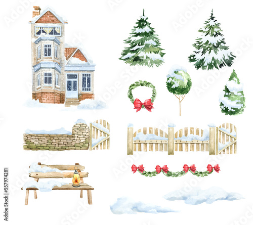 Wallpaper Mural Hand drawn, watercolor cottage. A cozy brick house with a fence and Christmas trees under the snow. Festive winter landscape with a house for postcards, posters, stickers, scrapbooking Torontodigital.ca