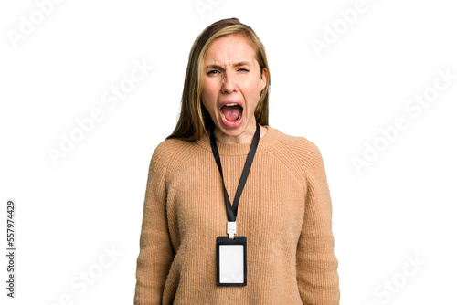 Принти на полотні Young caucasian woman with ID card isolated screaming very angry and aggressive