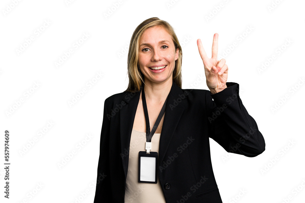 Young caucasian business woman with ID card isolated showing number two with fingers. Young caucasian business woman with ID card isolated showing number two with fingers.