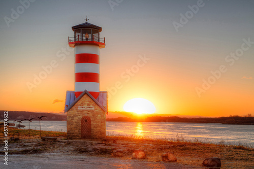 Sunrise by a Lighthouse on the Mississippi River. in Grafton Illinois. 