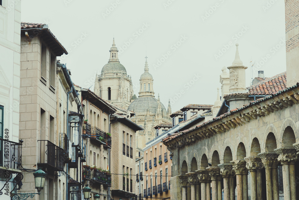 Segovia, España. April 28, 2022: Roman columns church of san martin segovia and architecture of the city.