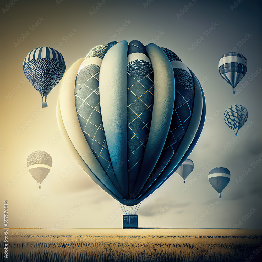 Generative AI: fantasy blue hot air balloon in a field with cloudscape ...