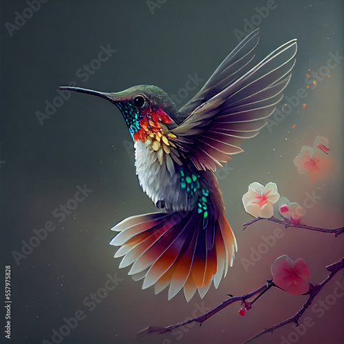 cute and colorful hummingbird on a branch with flowers and blur background © justdd