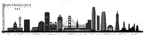 san francisco city skyline landmarks california black and white vector illustration, united states of america