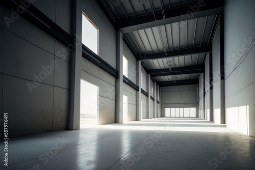 Vacant industrial structure with precast concrete ribbed beams and cement flooring. Generative AI