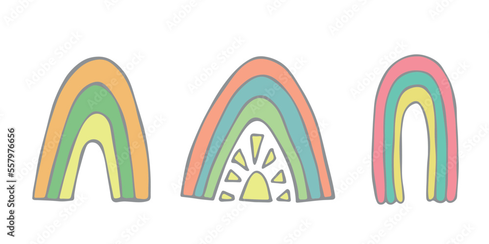 Hand drawn pastel rainbow set. Decorative elements for greeting card, kids and baby clothes print Hand drawn pastel rainbow set. Decorative elements for greeting card, kids and baby clothes print