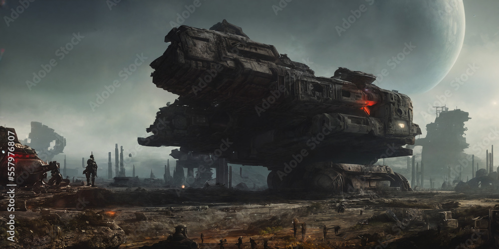 Fototapeta premium Ancient giant crashed space ship. Science fiction illustration, generative AI