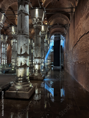 Theodosius cistern. Ancient underground reservoir in beautiful lighting. Istanbul, Turkey.