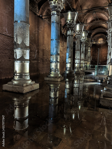 Theodosius cistern. Ancient underground reservoir in beautiful lighting. Istanbul, Turkey.
