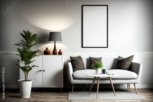 mock up poster frames in a contemporary interior background in a living room with a Scandinavian design . Generative AI