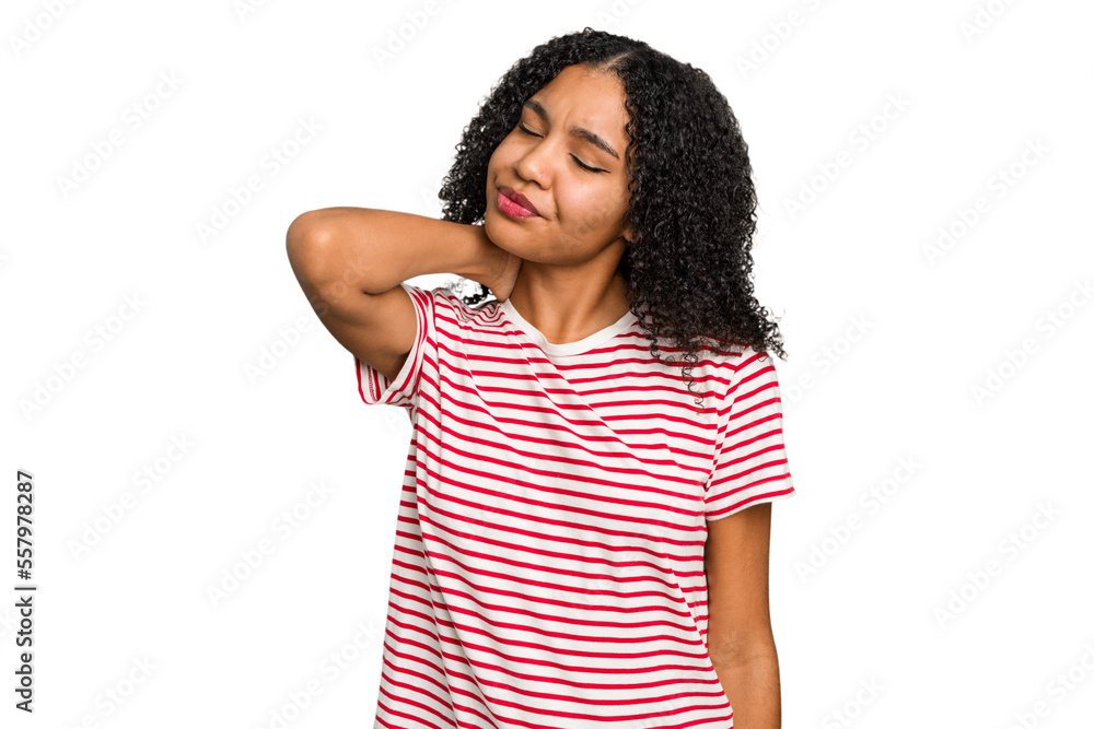 Young african american woman with curly hair cut out isolated having a neck pain due to stress, massaging and touching it with hand. Young african american woman with curly hair cut out isolated having a neck pain due to stress, massaging and touching it with hand.