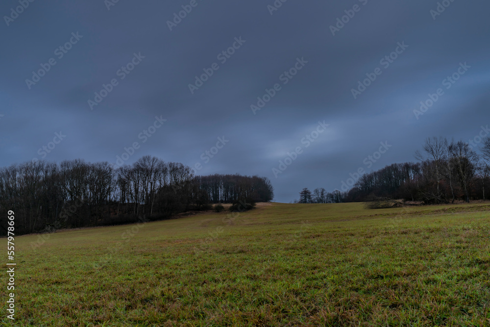 Fototapeta premium Field near Nemci small village in Ceske Stredohori mountains in winter day