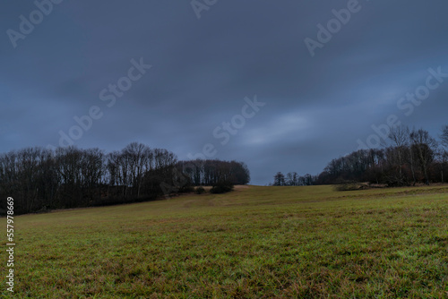 Field near Nemci small village in Ceske Stredohori mountains in winter day