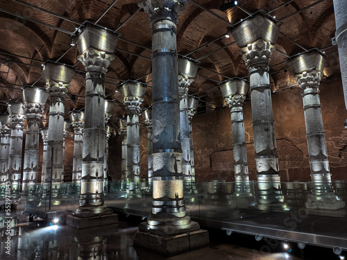 Theodosius cistern. Ancient underground reservoir in beautiful lighting. Istanbul, Turkey.