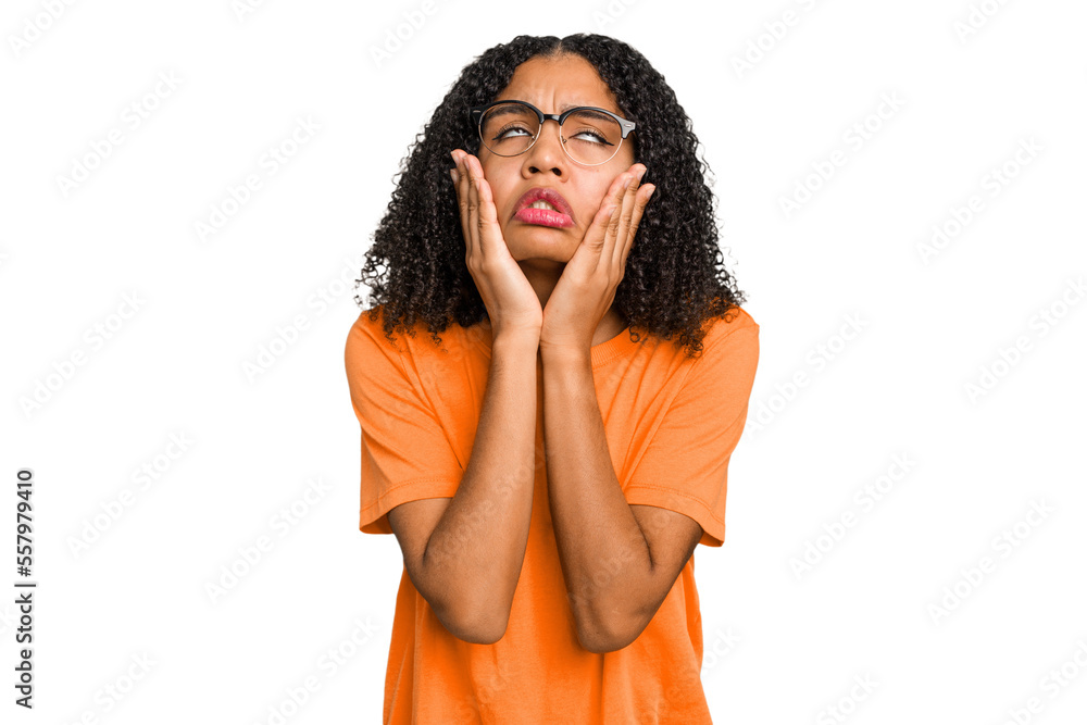 Young african american woman with curly hair cut out isolated whining and crying disconsolately. Young african american woman with curly hair cut out isolated whining and crying disconsolately.