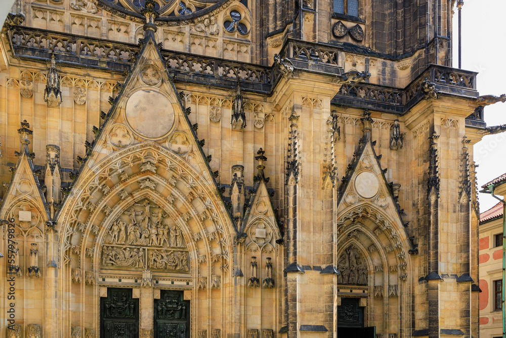 Details of the exterior of the Gothic Catholic Cathedral of St. Vitus, Wenceslas and Vojtech in Prague Castle