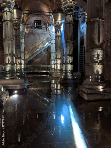 Theodosius cistern. Ancient underground reservoir in beautiful lighting. Istanbul, Turkey.