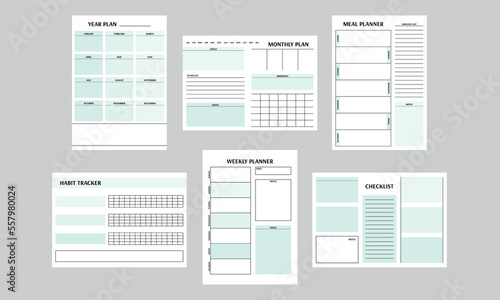 Set of vector planners and printable. Plan for the year, for the month, for the week, menu, habit tracker, checklist, notes, goals, priorities, grocery list. Vector illustrations