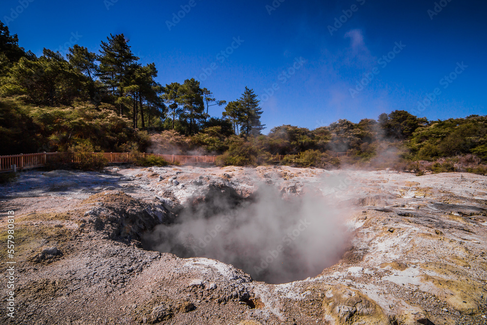 Rotorua weird and unique landscape, geothermal activity, volcanic landforms, hot pools and lakes North Island New Zealand