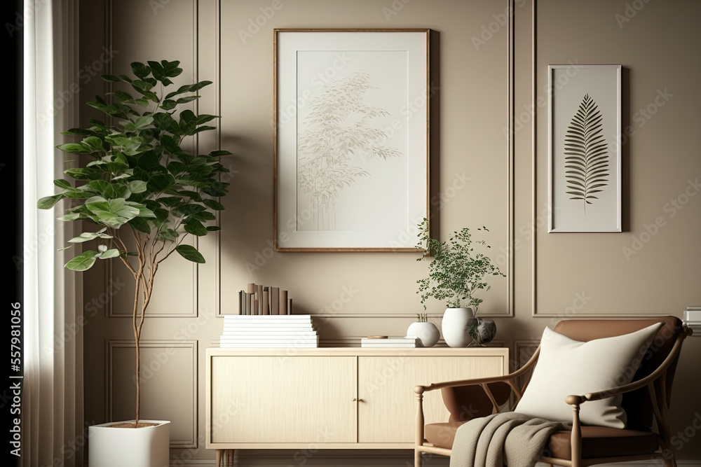 a mock up frame in a background of a home's interior, a beige room with natural wood furnishings,. Generative AI