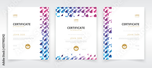 Vertically oriented modern and professional certificate template set with purple and blue gradient artwork that can be used in educational or business sector