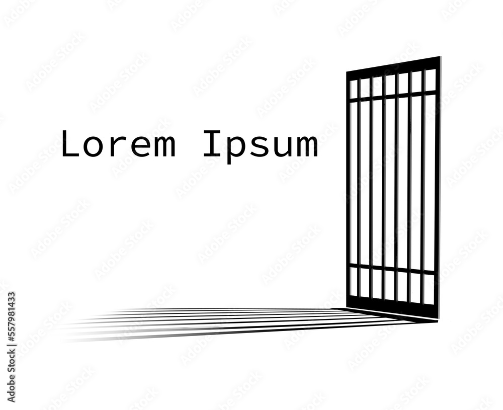 A  jail cell is seen in a simple black and white graphic image that is isolated on white. It is a 3-d illustration with shadows.