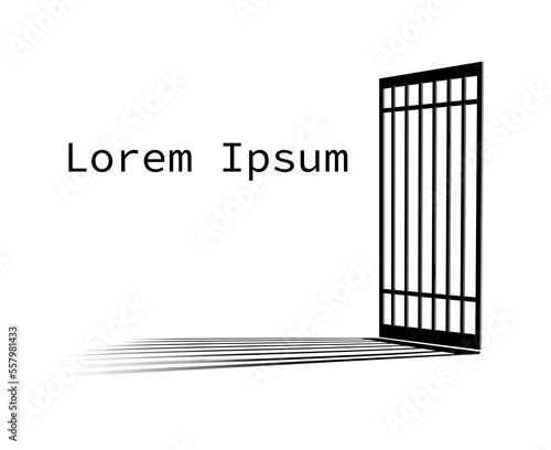 A  jail cell is seen in a simple black and white graphic image that is isolated on white. It is a 3-d illustration with shadows.