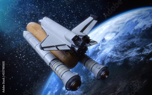 Nave con cohete espacial saliendo de la tierra hacia el espacio, espacio estrellado con fondo de la tierra, render 3d