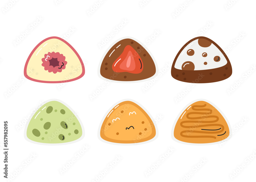 Fruity mochi collection isolated on white. Popular japanese traditional food dango. Oriental sweet treats. Classic rice cakes with flavors. Asian dessert daifuku hand drawn flat vector illustration Fruity mochi collection isolated on white. Popular japanese traditional food dango. Oriental sweet treats. Classic rice cakes with flavors. Asian dessert daifuku hand drawn flat vector illustration